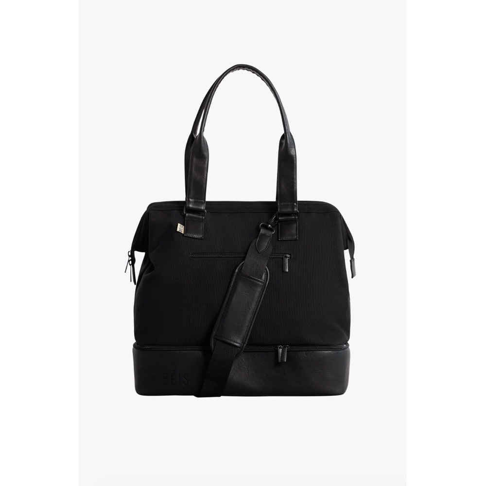 BEIS The Mini Weekender Convertible Bag Black Canvas Vegan Leather Travel Tote